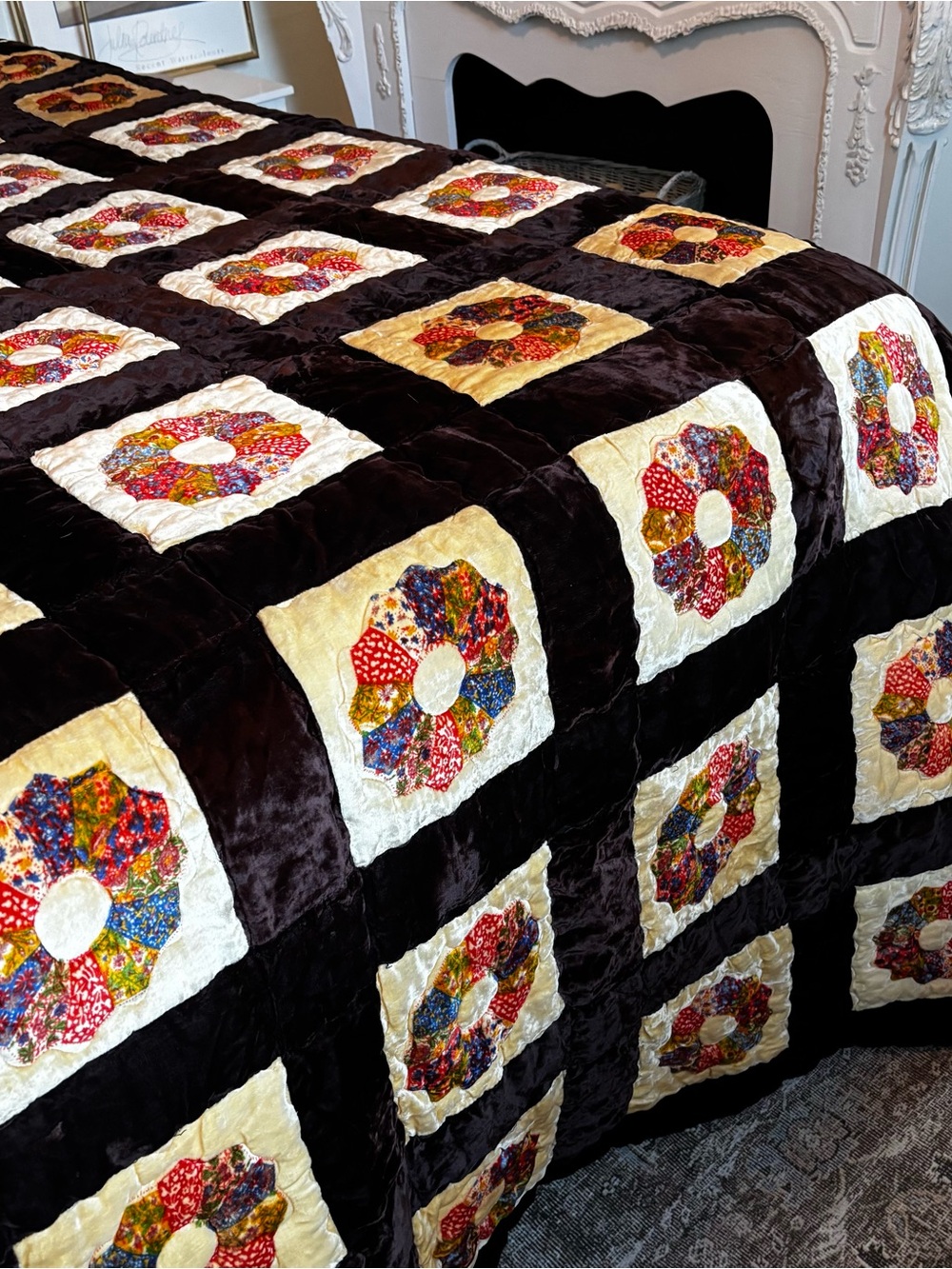 Velvet Patchwork Bedspread 70's Boho Hippie Grannycore 95 x 114